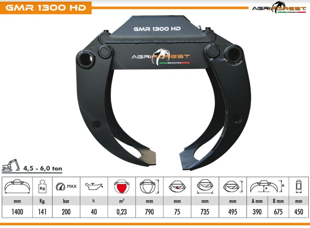 Graifere busteni GMR1300HD  + rotator hidraulic + susp. link - excavatoare 4.5 - 6 t.